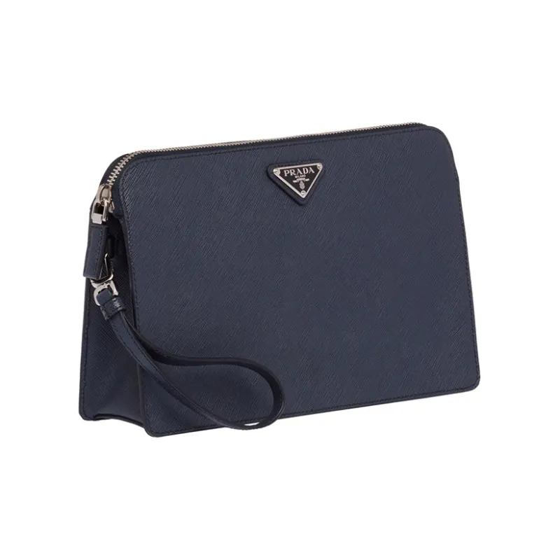 PRADA Saffiano Leather Clutch Men's Blue-1