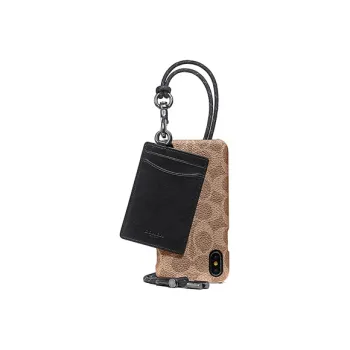 COACH Phone Coated Canvas With Leather Card Holder Phone Case Cell Phone Pouch Mini Unisex Khaki & Black