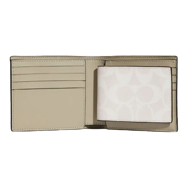 COACH 3 IN 1 Wallet Canvas With Calfskin Wallet Mini Men's White & Candy Orange-1
