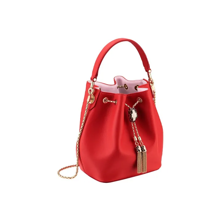 BVLGARI SERPENTI Smooth Calf Leather Bucket Bags Handbags Women's Red-1