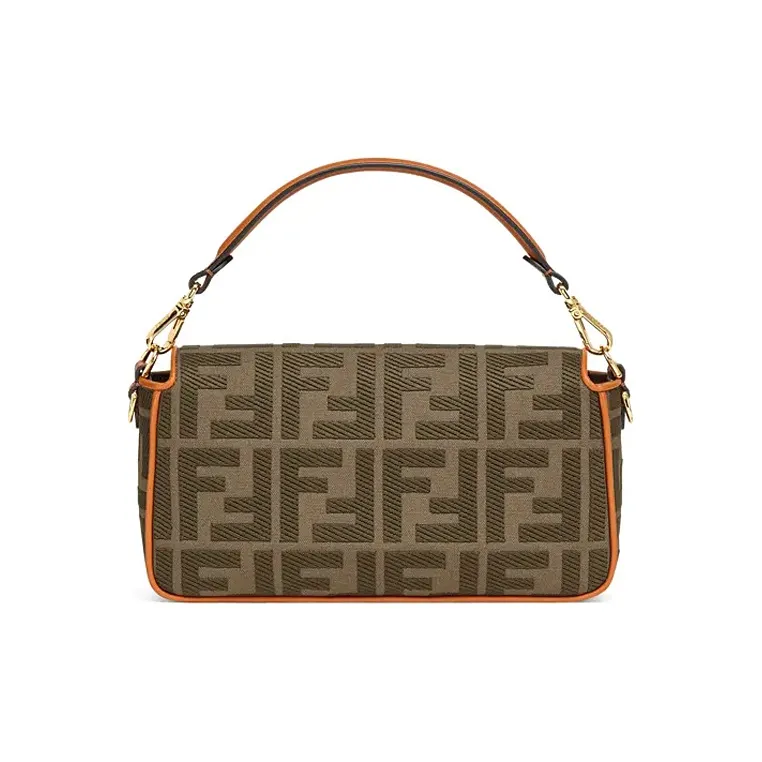 FENDI Baguette Canvas With Leather Baguette Bag Crossbody Bag Handbag Shoulder Bag Medium Size Women's Dark Green/Brown-2