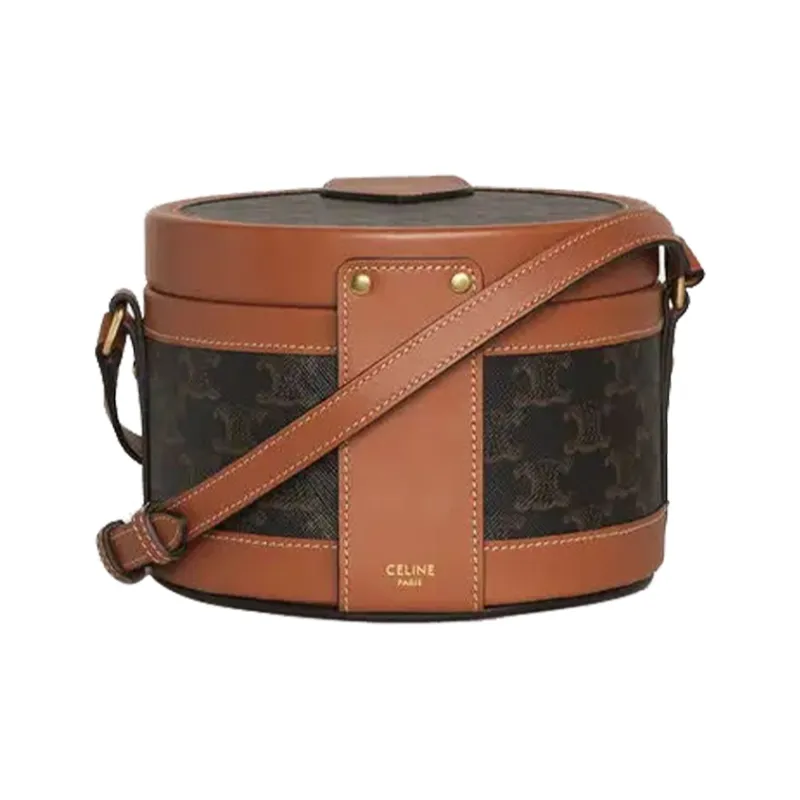 CELINE Tambour Fabric With Leather Lunch Bag, Handbag, Shoulder Bag, Crossbody Bag Medium Size Women's Tawny-2