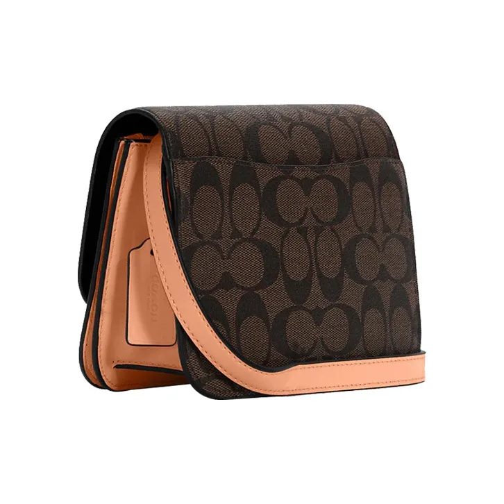COACH Brynn Canvas Leather Shoulder Bag Crossbody Bag Small Size Women's Dark Brown With Shell Pink Shoulder Strap-1