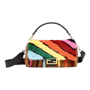 FENDI Baguette Mink Fur Shoulder Bag Crossbody Bag Handbag Medium Size Women's Brown/Multicolor