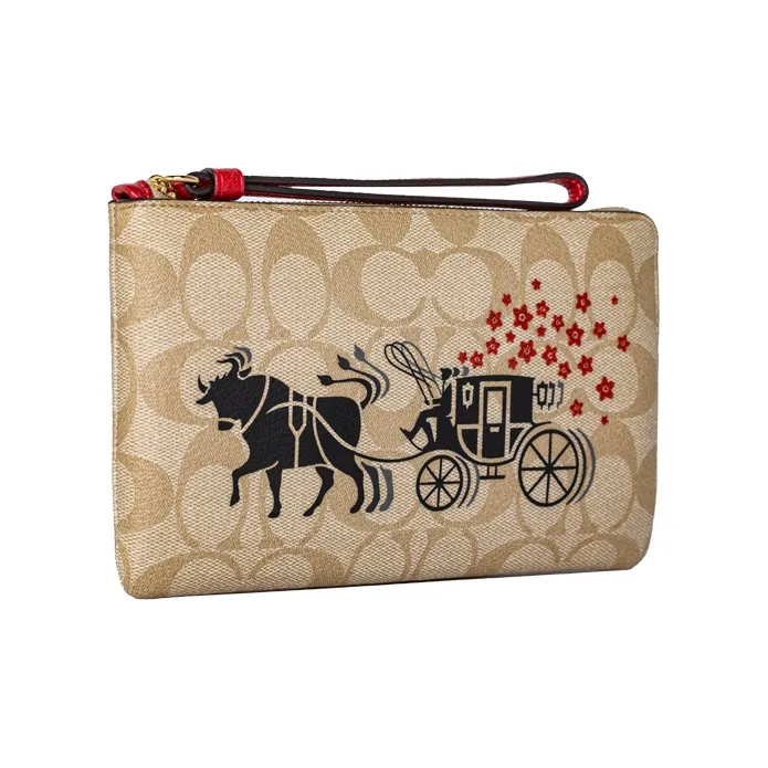 COACH Corner Zip Canvas Coin Purse Pochette Wrist Bag Clutch Women's Beige/Brown-1