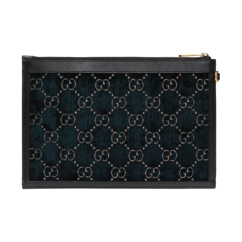 GUCCI Velvet Patchwork Leather Clutch Women's Dark Blue-2