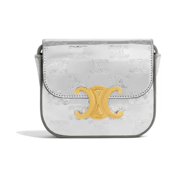 CELINE Triomphe Fabric With Calfskin Handbag, Shoulder Bag, Crossbody Bag Mini Women's Silver