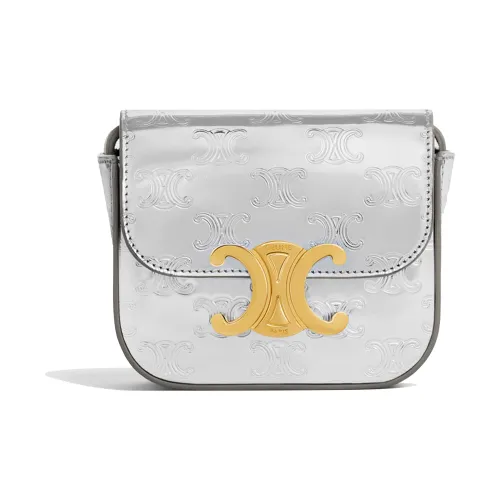 celine moyen Triomphe Fabric With Calfskin Handbag, Shoulder Bag, Crossbody Bag Mini Women's Silver