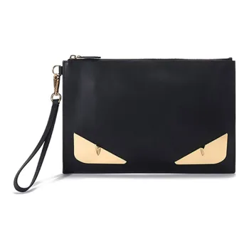 FENDI Calfskin Wristband Clutch Men's Black & Gold