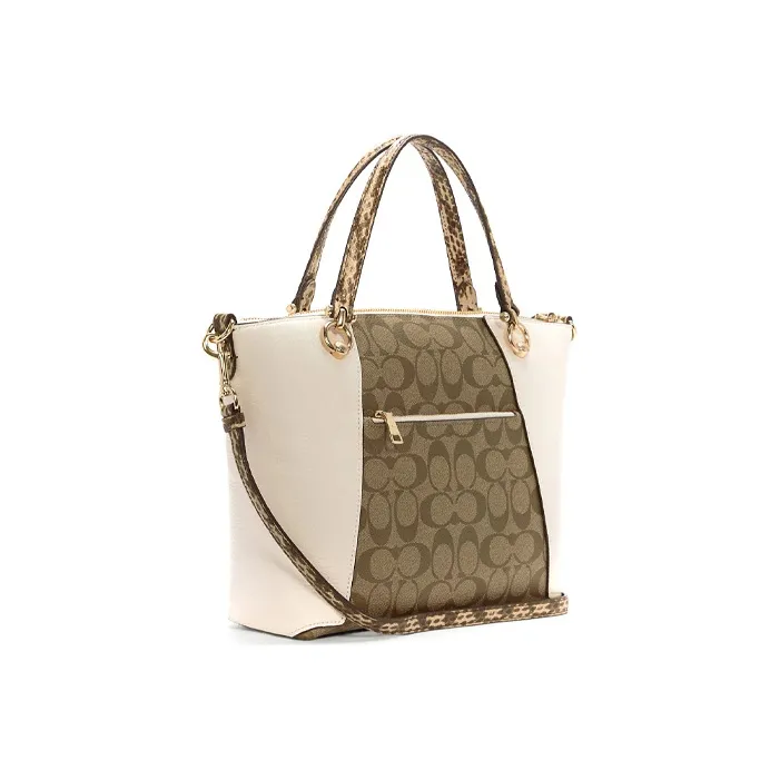 COACH Snakeskin Print Leather Dumpling Bag, Crossbody Handbag Trumpets Women's Khaki Monogram & White-1