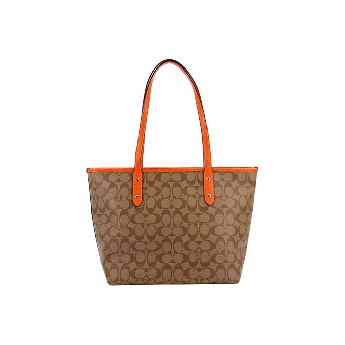 COACH City Zip Tote PVC Tote Bag Shopping Bag Handbag Shoulder Bag Women's Khaki Orange-3