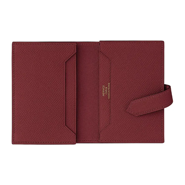 HERMES Bearn Cow Leather Card Holder Women's Maroon-1