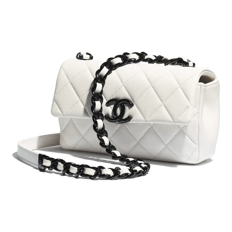 CHANEL Caviar Cow Leather And Metal Finish Flap Bag, Crossbody Bag, Shoulder Bag Trumpets Women's White & Black-1