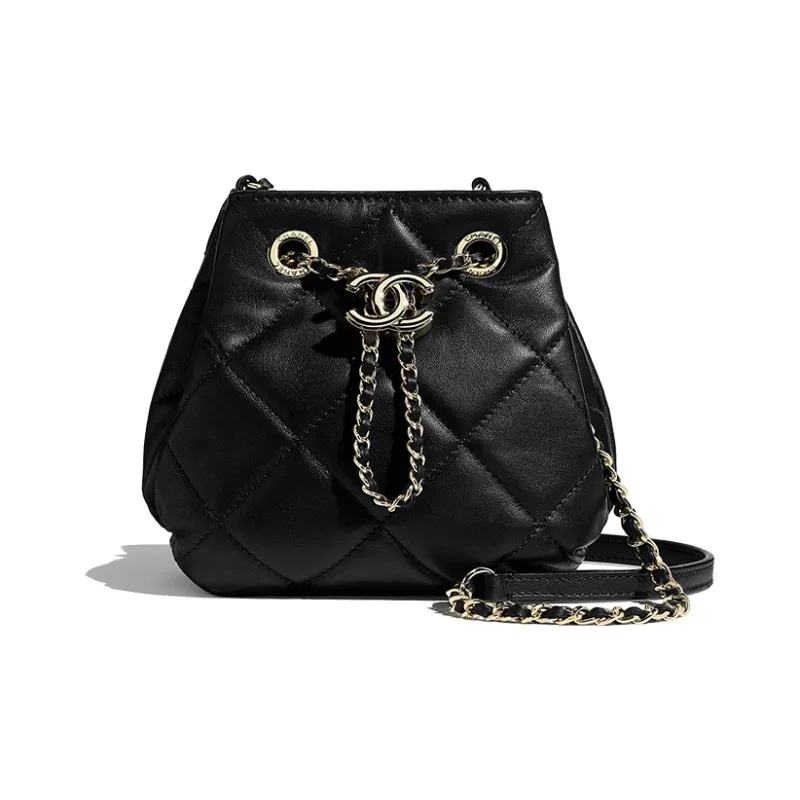 CHANEL Drawstring Sheepskin Drawstring Bag Metal Chain Bag Crossbody Bag Women's Black-0