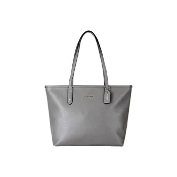 COACH City Zip Tote Cross Grain Leather With Canvas Tote Bag, Shopping Bag, Shoulder Bag Women's Gray
