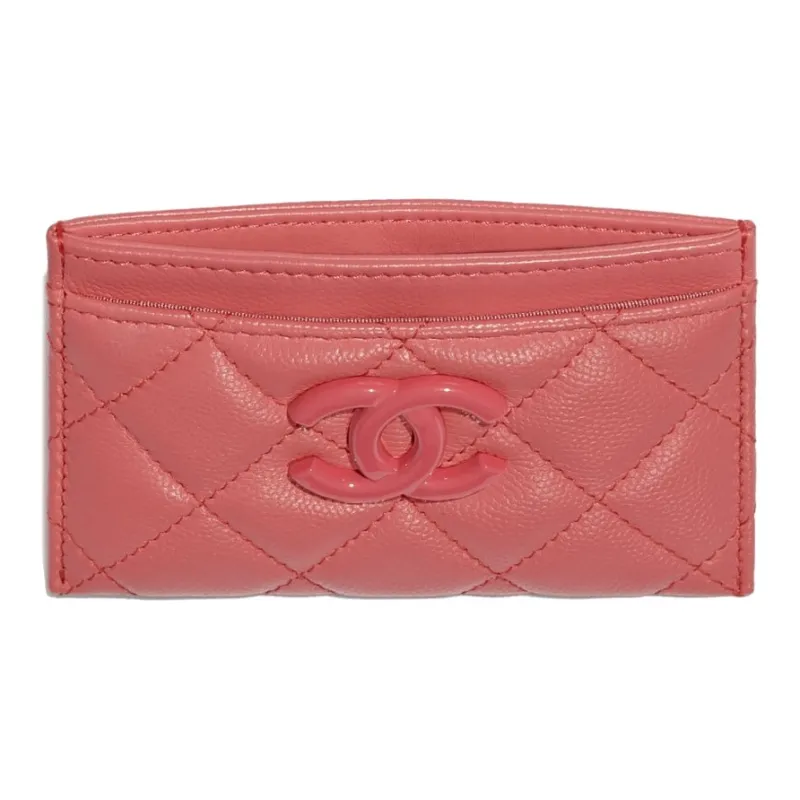 CHANEL Caviar Cow Leather Card Holder Unisex Coral Pink-2
