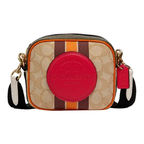 COACH Dempsey Canvas With Leather Camera Bags Shoulder Bag Crossbody Bag Mini Women's Light Brown Monogram & Red
