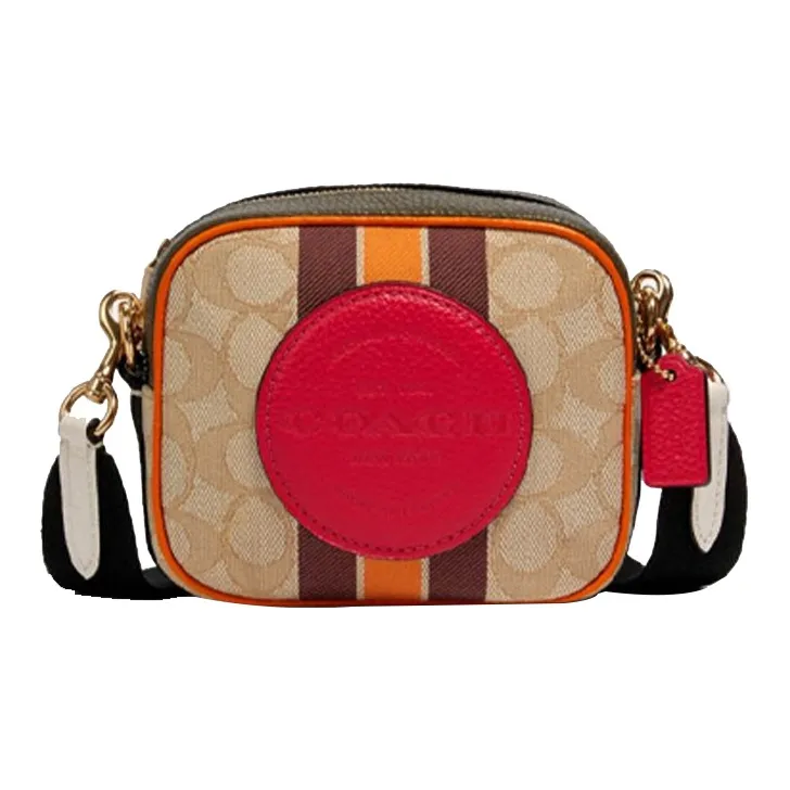 COACH Dempsey Canvas With Leather Camera Bag, Shoulder Bag, Crossbody Bag Mini Women's Light Brown Monogram & Red-0