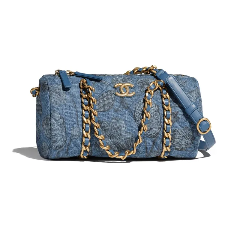 CHANEL Printed Denim Bowling Bags, Handbag, Shoulder Bag, Crossbody Bag Women's Blue/White/Gray-0