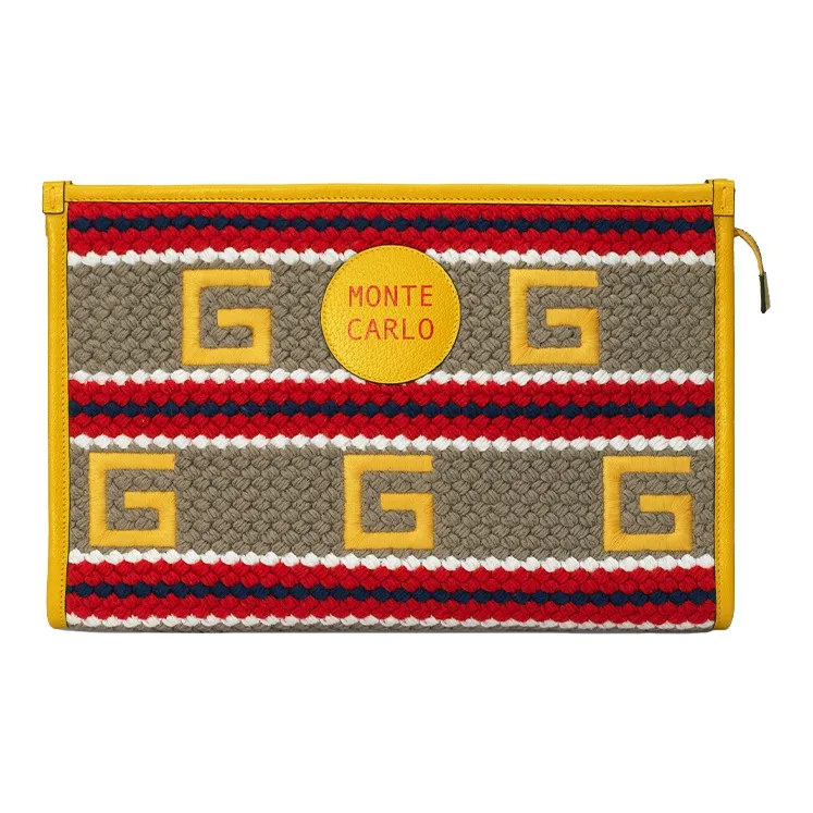 GUCCI Fabric With Leather Clutch Women's Yellow Red-0
