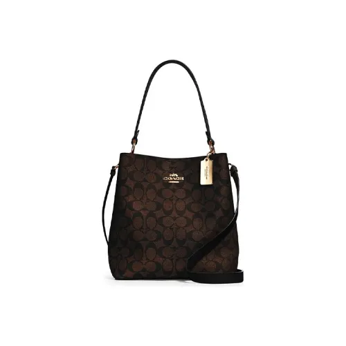 COACH Town Canvas With Leather Bucket Bags Crossbody Bag, Shoulder Bag Medium Size Women's Brown Monogram