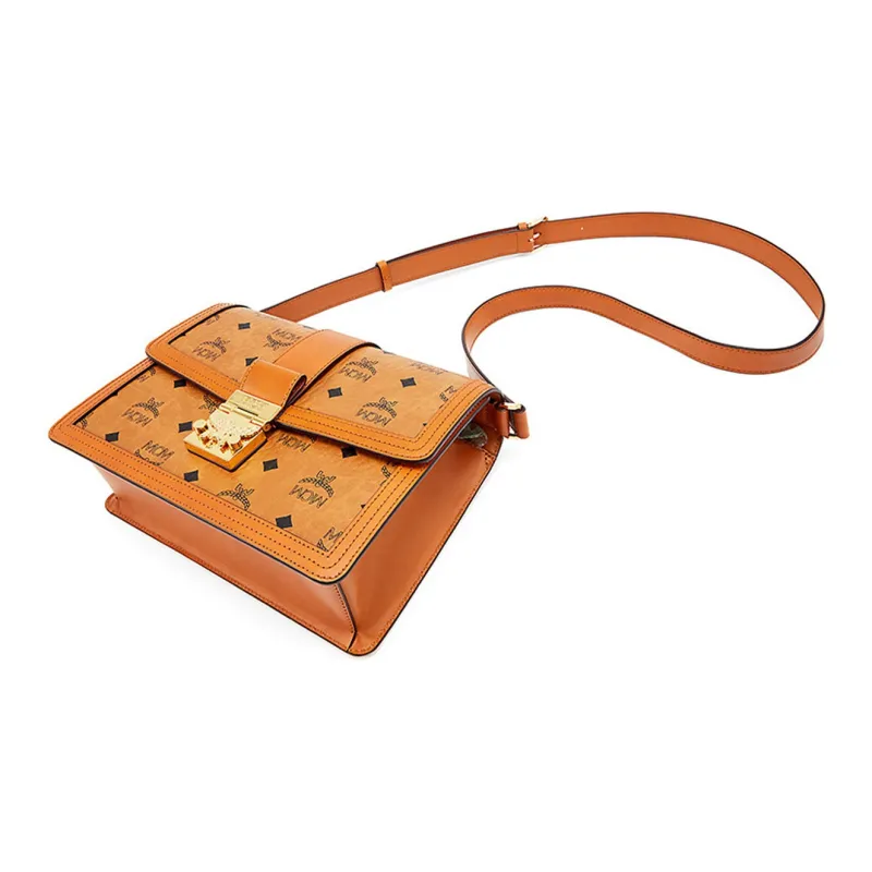 MCM Visetos Coated Canvas Messenger Bag, Crossbody Bag, Shoulder Bag Medium Size Women's Brown Cognac-4