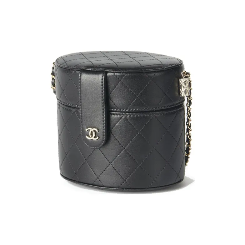 CHANEL Sheepskin Cylinder Bag, Makeup Bag, Shoulder Bag, Crossbody Bag Medium Size Women's Black-1