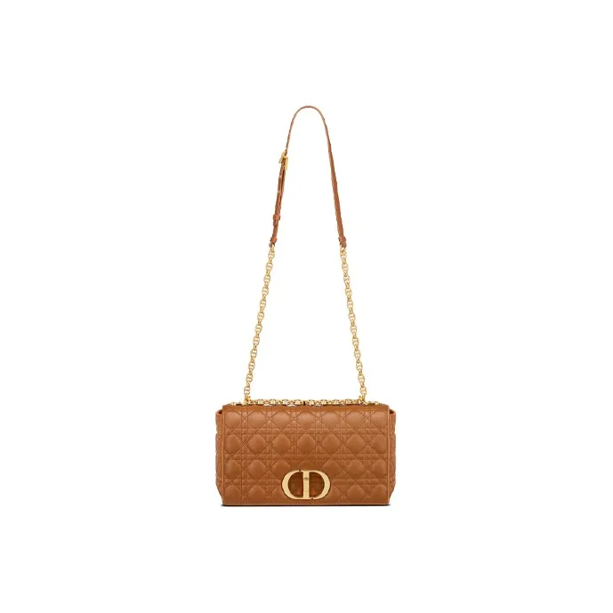 DIOR Caro Plaid Calfskin Shoulder Bag Crossbody Bag Large Size Women's Cognac-1