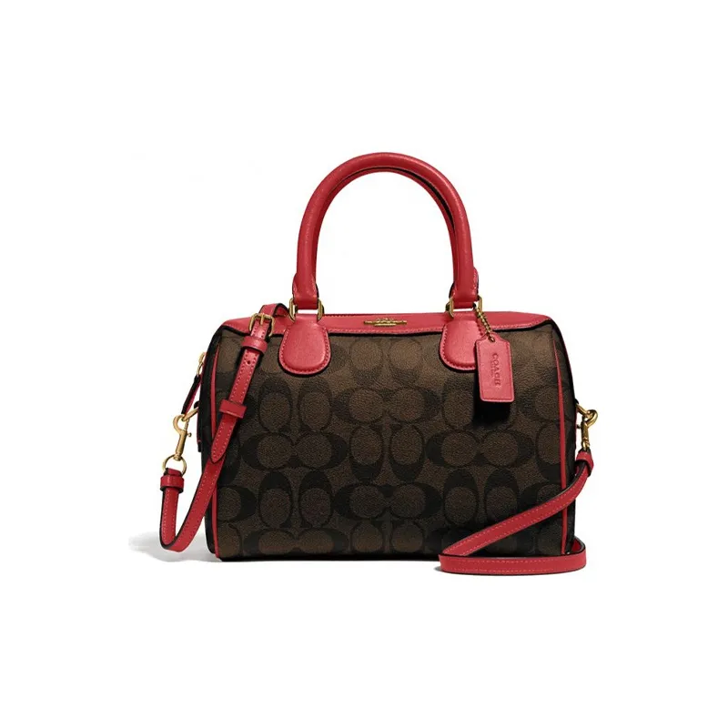 COACH Bennett Leather Boston Bag One Shoulder Handbag Crossbody Bag Small Size Women's Red And Brown Monogram-0