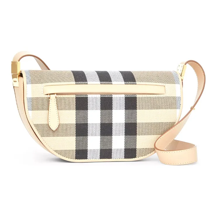 Burberry Olympia Plaid Canvas With Leather Ellenria Half Moon Bag Portable Crossbody Bag Shoulder Bag Women's Beige-3
