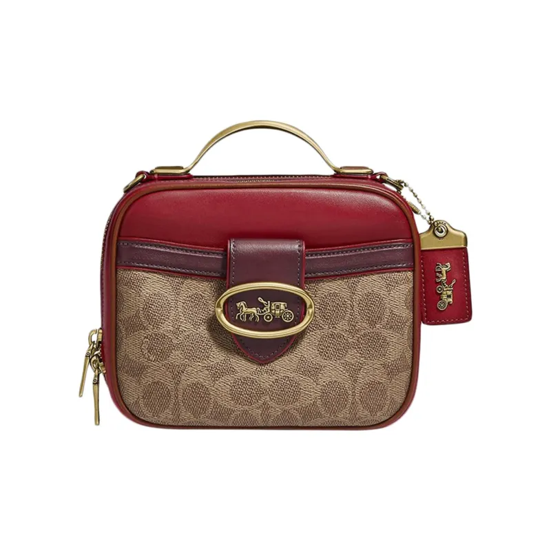 COACH Riley Leather Small Square Bag Shoulder Bag Crossbody Bag Handbag Small Size Women's Red & Brown Monogram-0