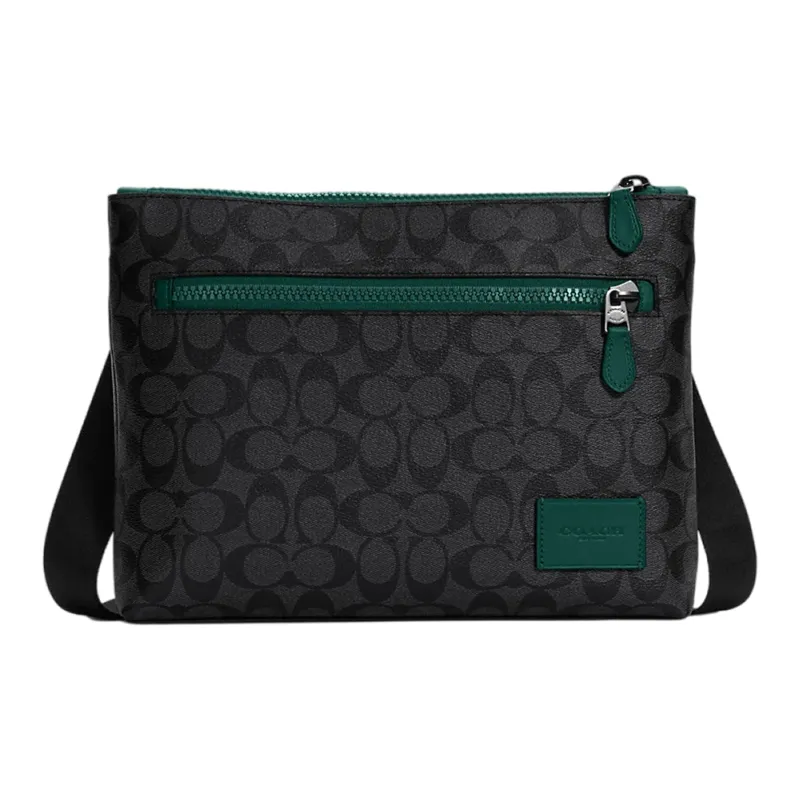 COACH Carrier Canvas Leather Crossbody Briefcase Tubas Men's Black Monogram & Green-0