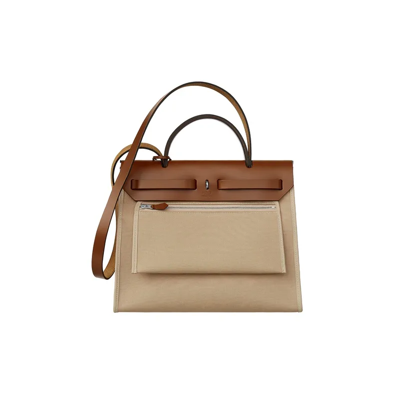 HERMES Herbag Zip Canvas With Hunter Cow Leather Handbag Shoulder Bag Crossbody Bag Regular Unisex Tawny-2