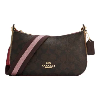 COACH Jes Canvas With Leather Shoulder Bag, Crossbody Bag Medium Size Women's Dark Brown & Bright Pink