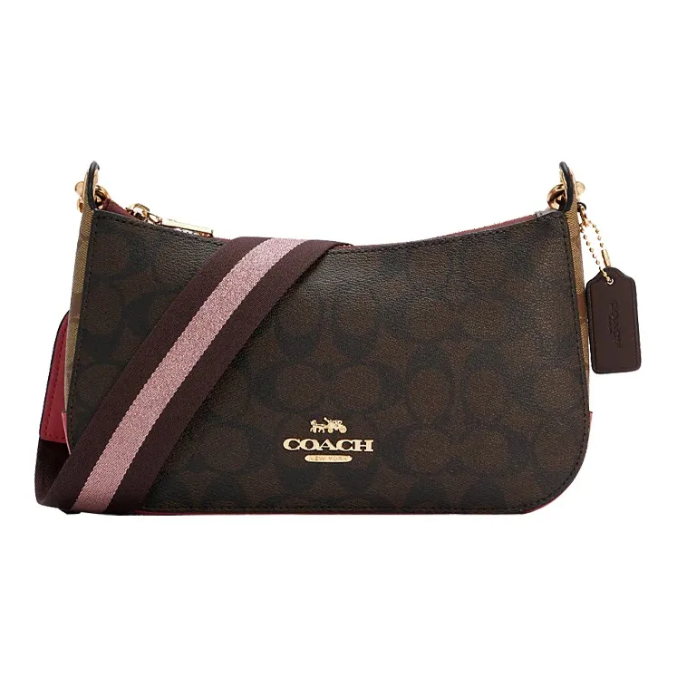 COACH Jes Canvas With Leather Shoulder Bag, Crossbody Bag Medium Size Women's Dark Brown & Bright Pink-0