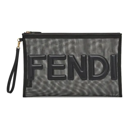 FENDI Polyamide With Calfskin Clutch Large Size Women's Black