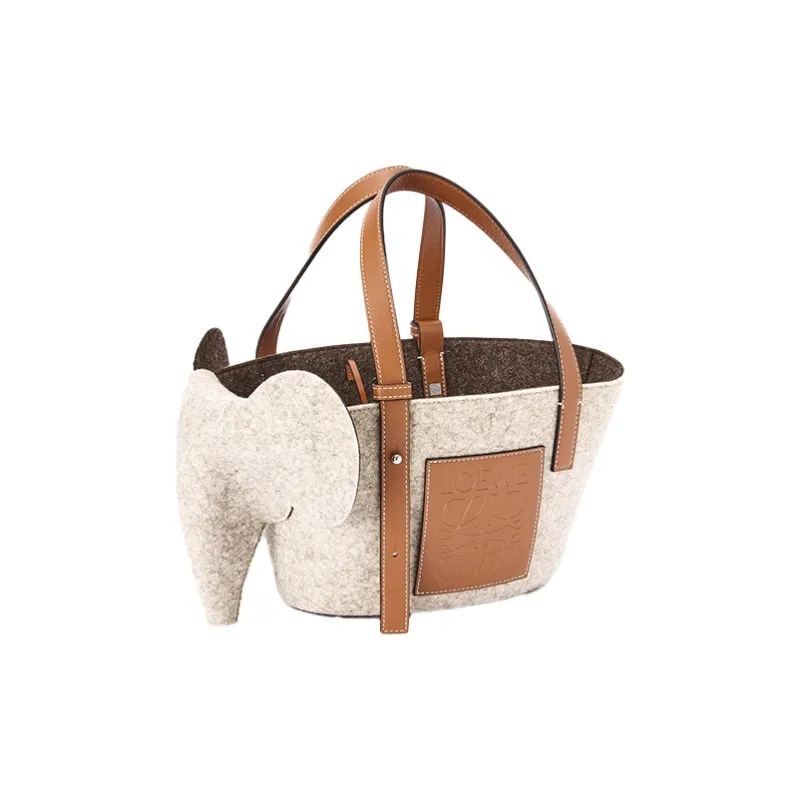 LOEWE Elephant Basket Felt With Calfskin Tote Bag Shopping Bag Shoulder Bag Handbag Women's Beige/Brown-1