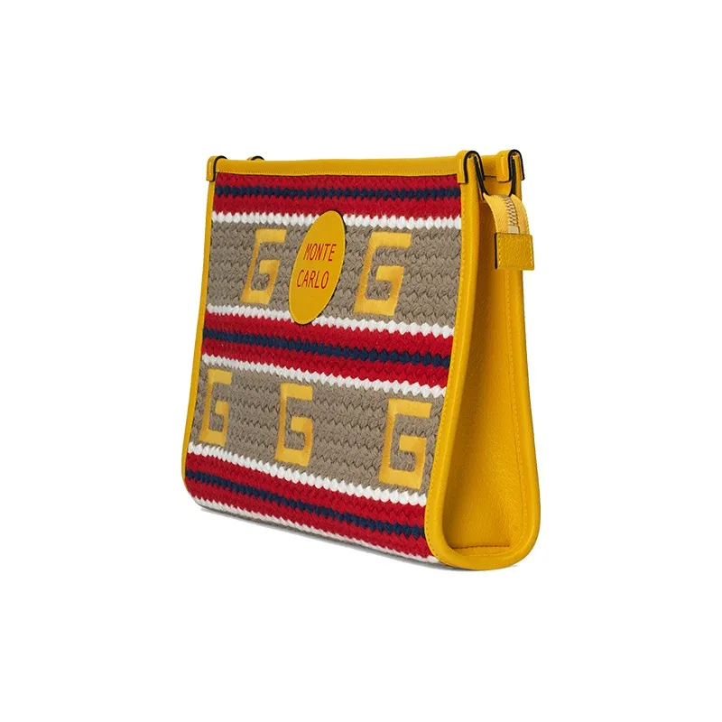 GUCCI Fabric With Leather Clutch Women's Yellow Red-2