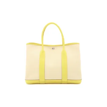 HERMES Garden Party Cow Leather Canvas Garden Bag Shoulder Bag Handbag Women's Beige/Yellow