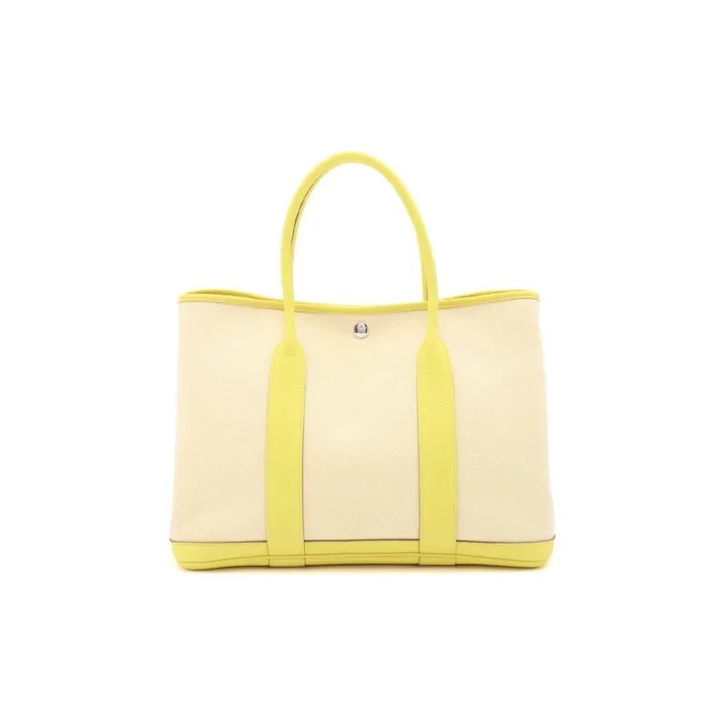 HERMES Garden Party Cow Leather Canvas Garden Bag Shoulder Bag Handbag Women's Beige/Yellow-0