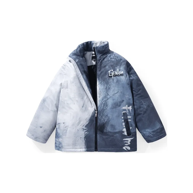 GENANX Letter Colorblock Stand Collar Loose Fit Puffer Jacket Unisex Gray-1