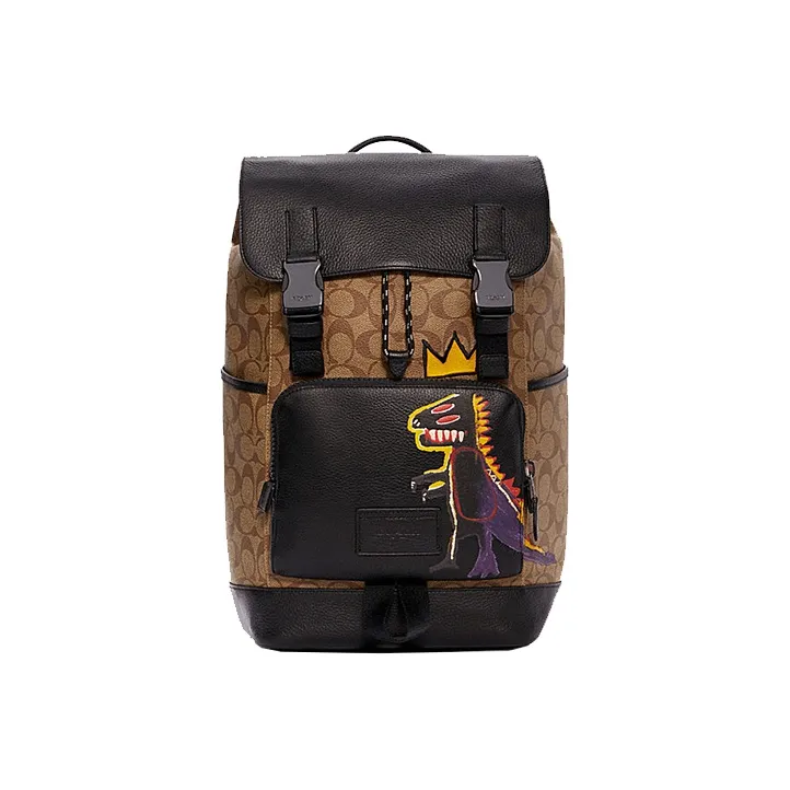COACH Basquiat Collaboration Track Canvas Leather Backpack Medium Size Men's Black Brown Monogram-0