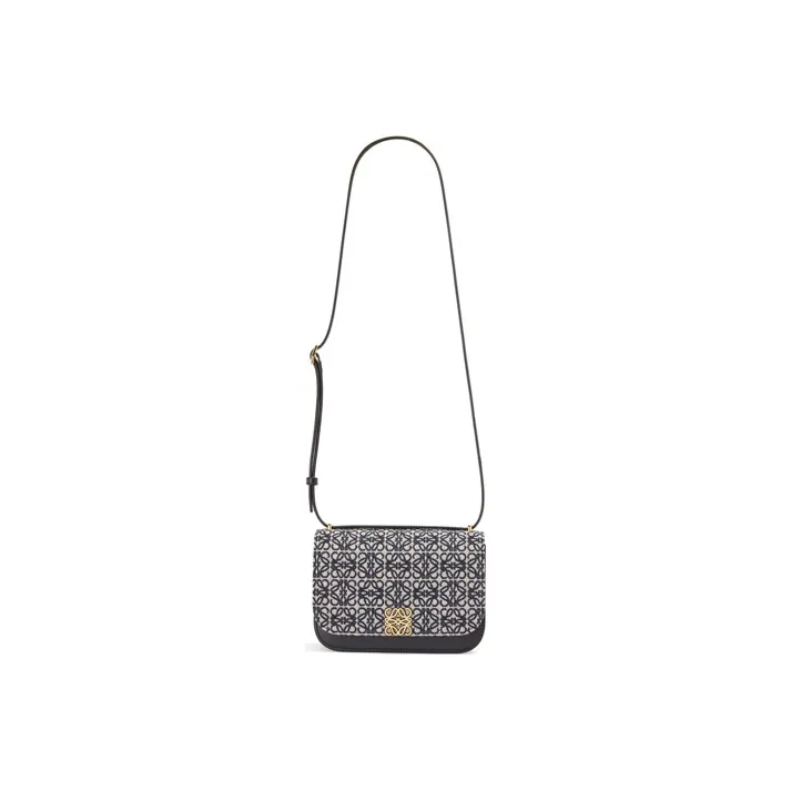 LOEWE Goya Jacquard Fabric With Calfskin Shoulder Bag Handbag Crossbody Bag Small Size Women's Marine Blue & Black-4