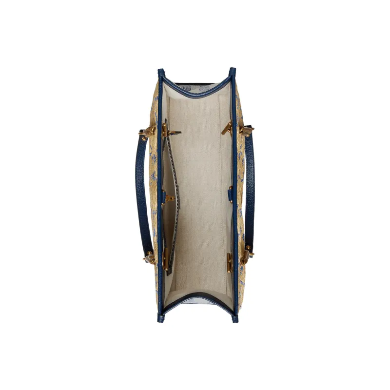 GUCCI Marmont Raffia Grass Patchwork Quilted Leather With Stripes Handbag Shoulder Bag Women's Beige & Blue-5