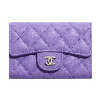 CHANEL Lambskin Flap Coin Purse Card Holder Women's Purple