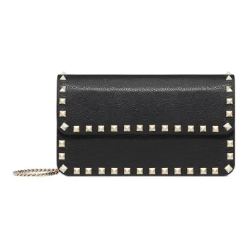 Valentino Rockstud Grained Calfskin Messenger Bag Shoulder Bag Crossbody Bag Clutches Small Size Women's Black