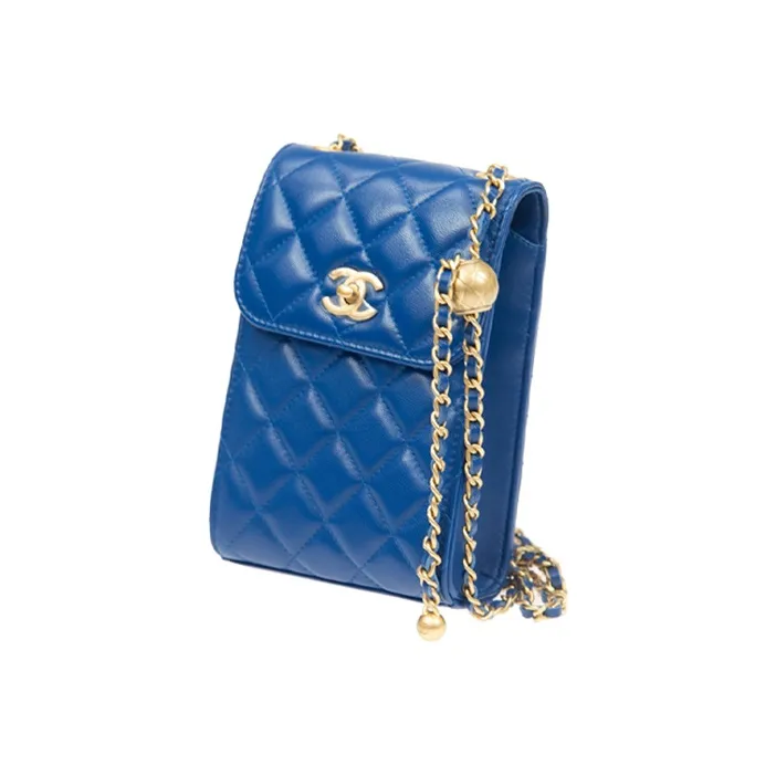 CHANEL Lambskin Chain Flap Cell Phone Pouch Women's Blue-1