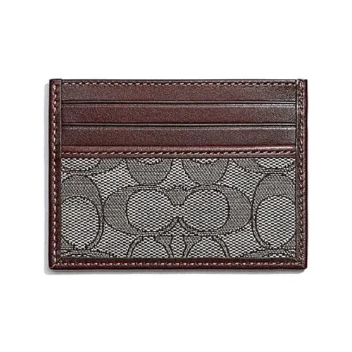 COACH Card Case Fabric With Leather Card Clip Card Holder Women's Red Brown Monogram