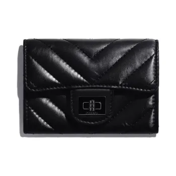 CHANEL 2.55 Cow Leather Flap Wallet Women's Black
