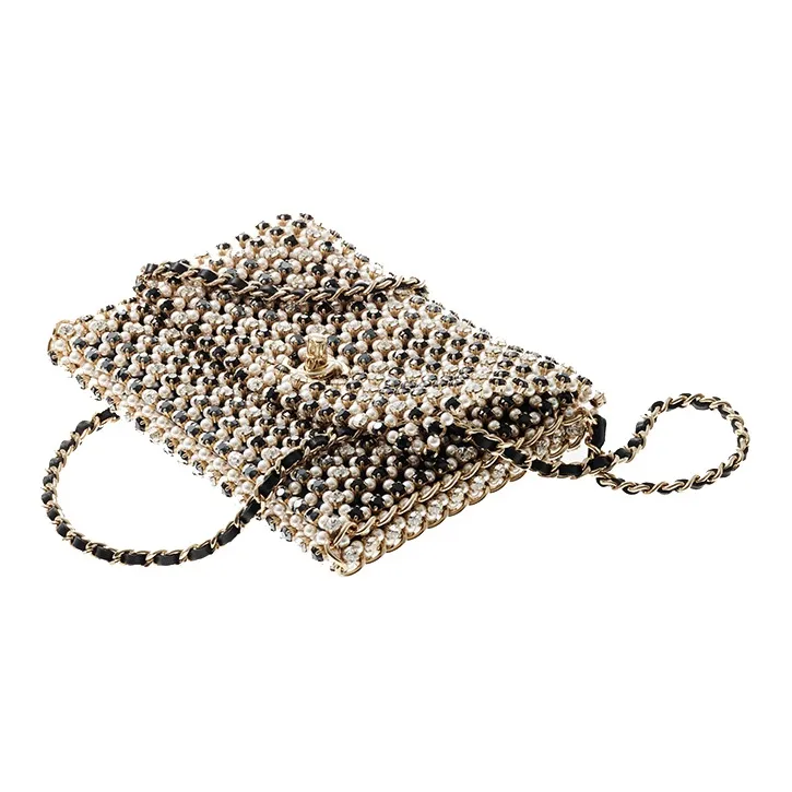 CHANEL 21K Winter Rhinestone Artificial Pearl Evening Bag, Shoulder Bag, Crossbody Bag Women's Gold-1